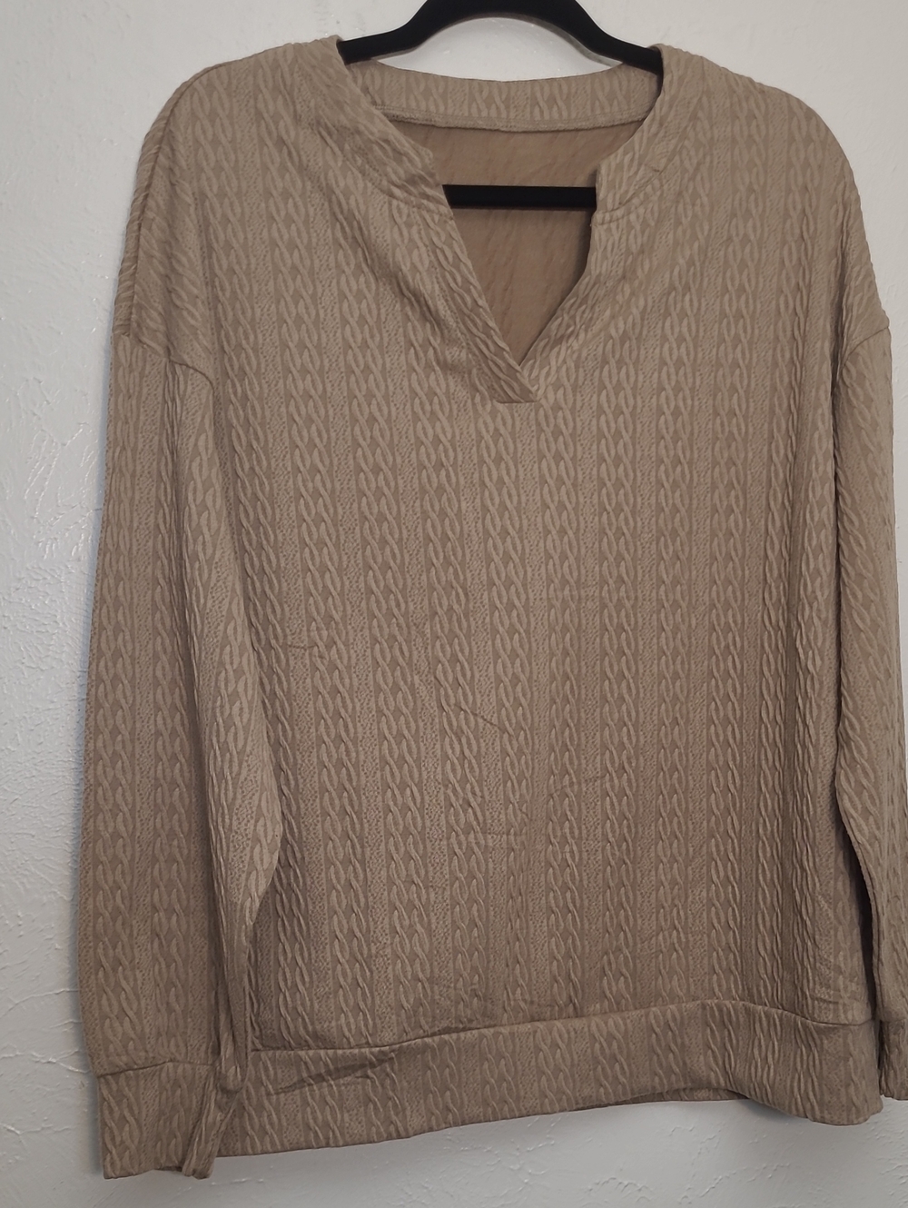 Women's Beige Cable-Knit V-Neck Sweater